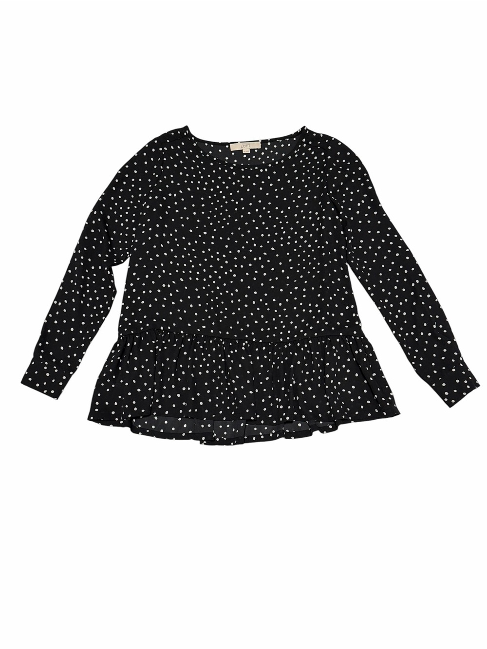 LOFT Ann Taylor Long Sleeve Polka Dot Peplum Blouse | Black & White | Size XS